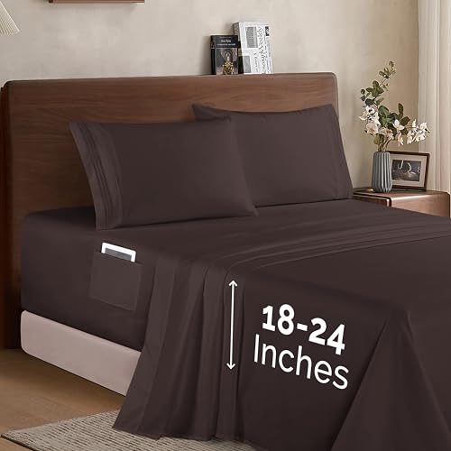 Elegant Comfort Luxury 1500 Premium Hotel Quality Microfiber 4-Piece Sheet Set - Soft, All Around Elastic 18-24 Inches Deep Fitted Sheet - Extra Deep Pocket Sheets, Queen, Chocolate Brown Elegant Comfort