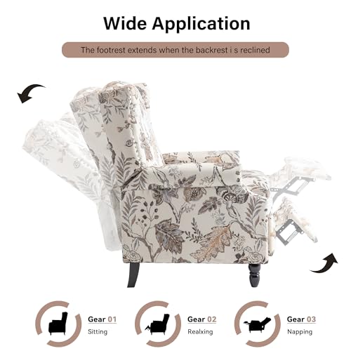 Pushback Recliner Chair, Floral Fabric Wingback Recliner Chair, Upholstered Rivet Trim Armchair Push Back Recliner Accent Chair for Small Spaces, Living Room, Plants Beige