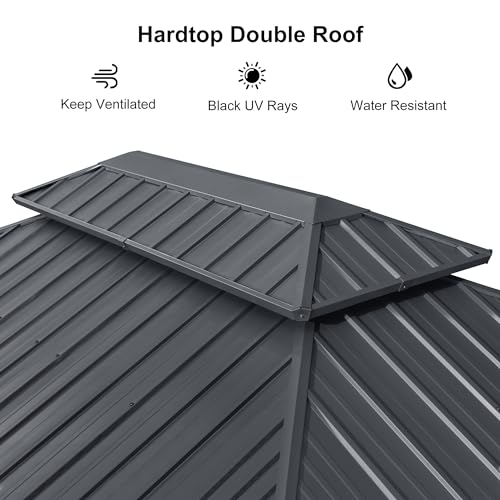 PURPLE LEAF 12' X 16' Permanent Hardtop Gazebo Outdoor Aluminum Gazebo with Heavy Duty Galvanized Steel Double Roof for Patio Lawn Garden Aluminum Gazebo with Netting and Curtains Grey PURPLE LEAF