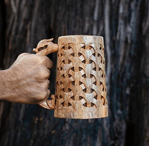 NORSE EMPIRE Premium Wooden Beer Mug 16Oz Chainmail Pattern 100% Handcrafted Beer Stein Wine accessories Viking Gifts Medieval Gift Sack Tankard Christmas Coffee Cups Vikings Mug Food Safe NORSE EMPIRE