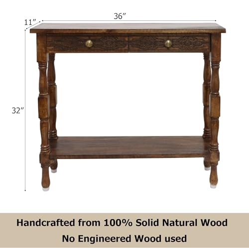 COTTON CRAFT Solid Wood Accent Console Table - Hand Carved Sofa Table - Hallway Entryway Two Drawers Small Space Transitional Traditional Farmhouse Easy Assembly - 36 W x 32 H x 11 D - Antique Brown COTTON CRAFT