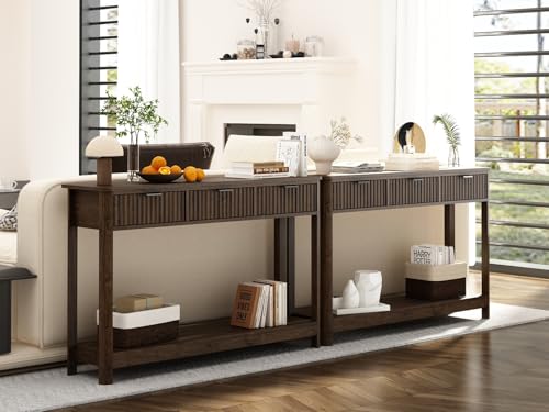 RUSTOWN Fluted Wood Console Table with 3 Drawers, Boho Narrow Behind Couch Entryway Table with Open Storage Shelf, Modern Sofa Table for Living Room, Foyer and Hallway (Dark Walnut) RUSTOWN