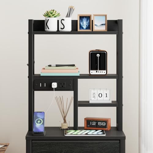 Furnulem Tall Nightstand with 3 Drawers, LED Lights, and USB Charging Ports - Versatile Beadside Table in Black Oak Furnulem