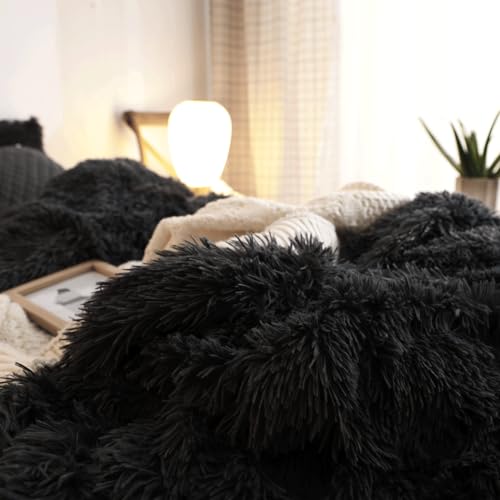 HAIHUA Plush Black Comforter Cover Queen Set, Soft Faux Fur Fluffy Black Bedding Queen Set 3 Pieces (1 Fuzzy Duvet Cover + 2 Furry Pillow Cases) Shaggy Bed Set, Zipper Closure HAIHUA