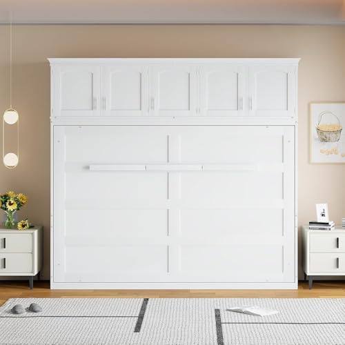 Virubi Queen Horizontal Murphy Bed with Storage Cabinet,Wood Folding Murphy Wall Bed for Adult (White,Queen) Virubi