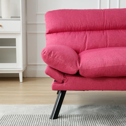 WDYLWFHW Convertible Futon Sofa Bed, Linen Folding Loveseat Couch with Adjustable Backrest and Wooden Legs,Double Sleeper Sofa Couches for Small Spaces Living Rooms Apartment Office (Rose Red) WDYLWFHW