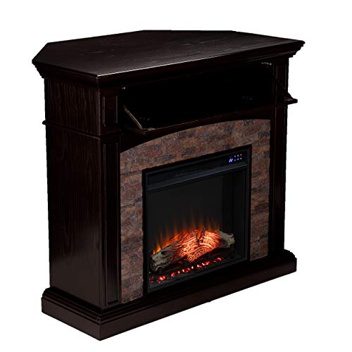 SEI Furniture Grantham Faux Stone Corner Electric Fireplace with Hidden Media Shelf, New Ebony SEI Furniture