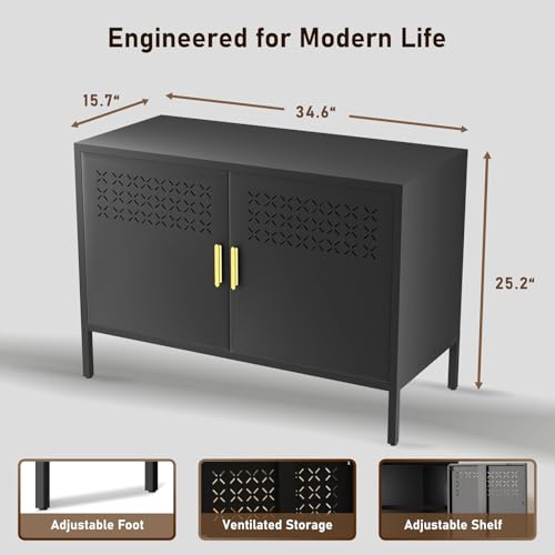 Karlovit Storage Cabinet, Metal Accent Locker Storage Cabinet with 2 Doors, Magnetic Closure, Adjustable Shelf, Tv Stands & Metal Nightstand for Living Room, Entryway and Home - Black Karlovit