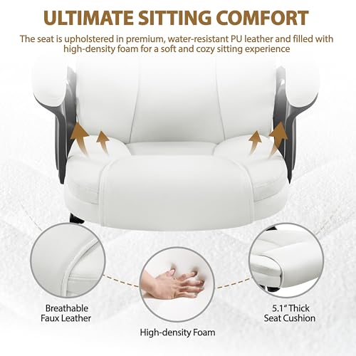 Yaheetech High Back Executive Office Chair Faux Leather Ergonomic Managerial Chair for Meeting Computer Large Seat, Sturdy Metal Base,White Yaheetech