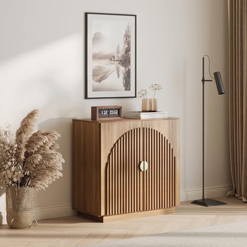BELLEZE Modular Fluted Sideboard Buffet Cabinet with Storage, Mid-Century Modern Console Table with Symmetrical Arched Doors, Elegant Credenza for Dining Room, Kitchen, and Living Room, Caramel Brown BELLEZE