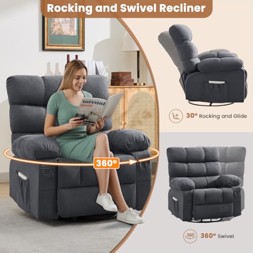 Swivel Rocker Recliner Chair for Adults, 360ยฐ Upholstered Manual Recliners for Small Spaces, Single Seat Glider Reclining Chair with Side Pockets, Ergonomic Reading Chair for Living Room, RV, Bedroom