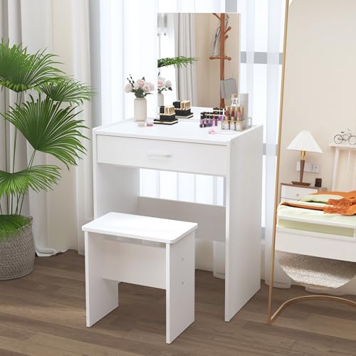 NAIYUFA Vanity Desk,Small Vanity with Storage Drawer & Chair,Makeup Vanity Desk with Mirror,Modern Vanity Table Set for Bedroom Small Space,White NAIYUFA