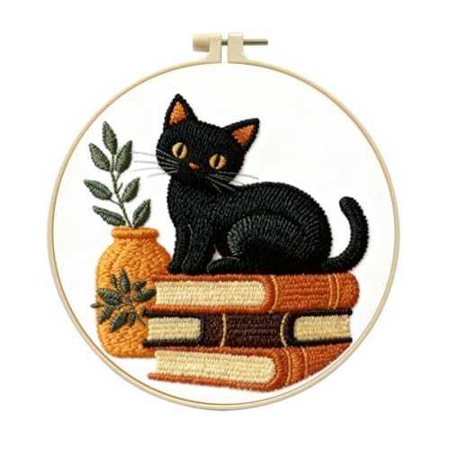 Zhenqing Black Cat Embroidery Kit for Beginners, Pre-Printed 29x29cm Cotton Fabric with 20cm Hoop, Cat on Books with Plant Design for Home Decor(C0075)