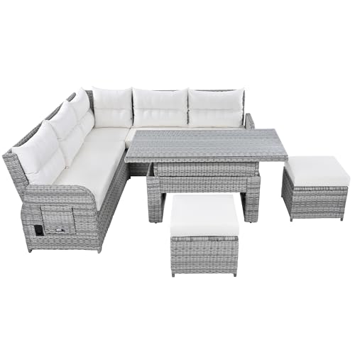 YOPTO 8-Piece Outdoor Furniture Couch Set,Rattan Patio Conversation Sectional Sofa Set with Adjustable Table,Recliners W/Extendable Side Tables & 2 Movable Ottomans,for Patio,Lawn,Backyard,Pool,Beige YOPTO