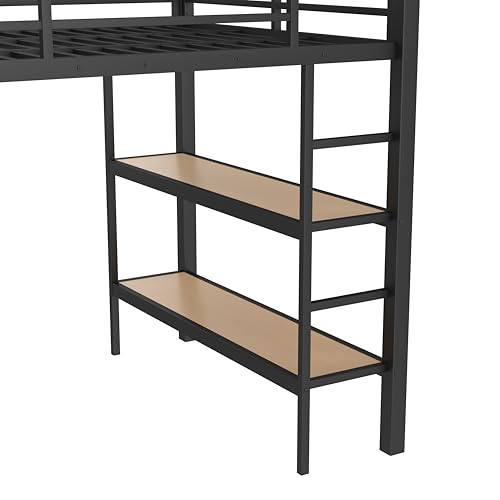 Bellemave Full Size loft Bed with Wardrobe and Storage Shelves and Pegboard Drawers, Metal Full Loft Bed Frame for Adults, Kids, Teens, Black Bellemave