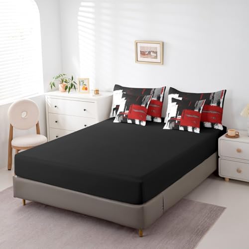 Red Black White 7 Piece Bedding Set Abstract Morden Comforter Set Full Size Buffalo Check Bed Set Includes Comforter, Sheet Set, Pillowcases & Pillow Covers Bedroom Decor Soft Microfiber Geometric Feelyou