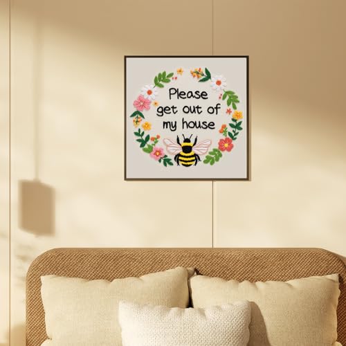 Nuberlic Funny Bee Embroidery Kits for Beginners, Please Get Out of My House Embroidery Kit for Adults- Easy Cross Stitch Starter Kit with Printed Fabric, Hoop, Needles Instruction and Threads
