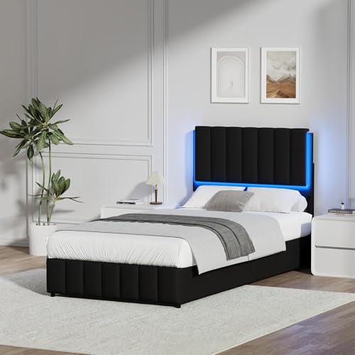 REVOMINCA Twin Upholstered Bed Frame with LED Lights, Faux Leather Platform Bed with Headboard and Wooden Slats Support, No Box Spring Needed, Noise-Free, Easy Assembly, Black REVOMINCA