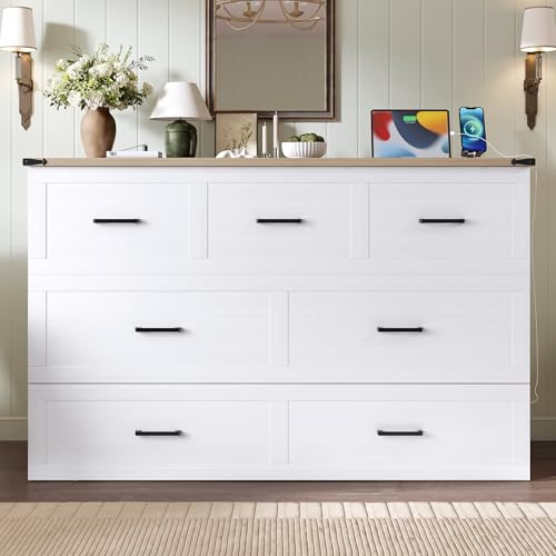 Bellemave Queen Murphy Bed, Cabinet Bed with Charging Station and 1 Large Storage Drawer, Farmhouse Murphy bedframe with Foldable Panel, Noisy Free, for Guest Bedroom, Living Room, White Bellemave