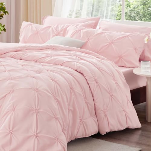BEDELITE Baby Pink Queen Comforter Set - 3 Pieces Boho Pintuck Bedding Comforter Sets, Lightweight Soft & Warm Bed Comforter Queen with 2 Pillowcases for All Season BEDELITE