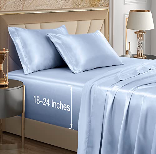 VACVELT 4pcs Extra Deep Pocket Queen Size Bedding Set, Baby Blue Luxury Satin Sheet Set Fit 18-24 Inch Deep Pocket Mattress, Soft & Ultra Deep Fitted Sheet Set VACVELT