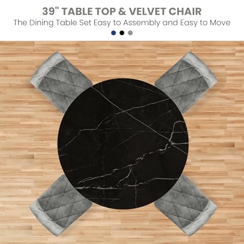 LTTROMAT Round Dining Table Set for 4, 39 Inch Circular Kitchen Table and Chair Set for 4 Person, 5-Pieces Dining Table Set with 4 Grey Velvet Chairs & Metal Frame for Small Space Home Kitchen LTTROMAT