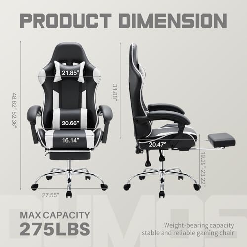 DUMOS Ergonomic Gaming Office Desk Chair with Footrest, Height Adjustable 360° Swivel Computer Video Game Chair with Headrest and Lumbar Support, Black White DUMOS
