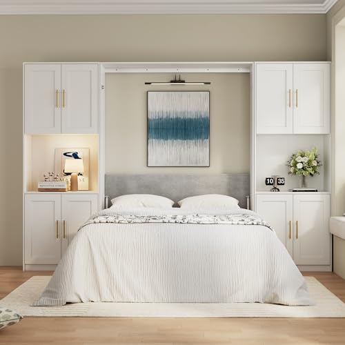 Bobve Farmhouse Murphy Bed Queen, 85" Wall Bed Folds to Save Space, Concealed Bed Frame with 2 Storage Cabinets and Wall Mounted Features for Apartment/Office/Guest Room Bobve