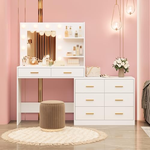 GarveeHome 61 in Make Up Vanity Desk with Mirror and Lights, White Vanity with 8 Wide Storage Drawers & 2 Tier Shelves, 3 Lighting Modes with Adjustable Brightness for Bedroom GarveeHome