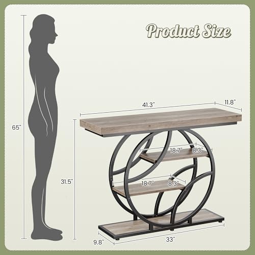 Huuger 41.3 Inch Entryway Table, Modern Console Sofa Table, Accent Table with Shelves, for Entry, Hallway, Entrance, Foyer, O-Shaped Metal Frame, Grey Huuger