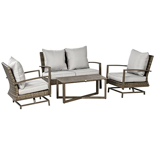 Outsunny 4 Piece Wicker Patio Furniture Set with 2 Rocking Chairs, Loveseat Sofa, Outdoor PE Rattan Conversation Set with Cushions, Aluminum Table for Porch, Poolside, Light Gray Outsunny