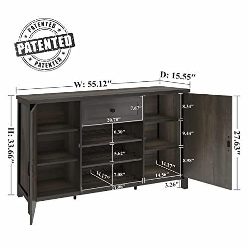 FATORRI Industrial Coffee Bar Cabinet with Wine Rack, Wood Buffet and Sideboard with Storage Cabinet, Rustic Credenza Cupboard for Kitchen Dining Room (55.12 Inch, Walnut Brown) FATORRI