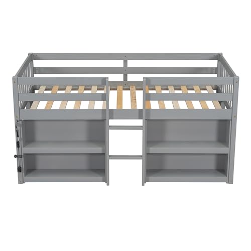 Harper & Bright Designs Low Loft Bed with Storage Shelves and LED Light for Kids, Twin Size, Gray Harper & Bright Designs