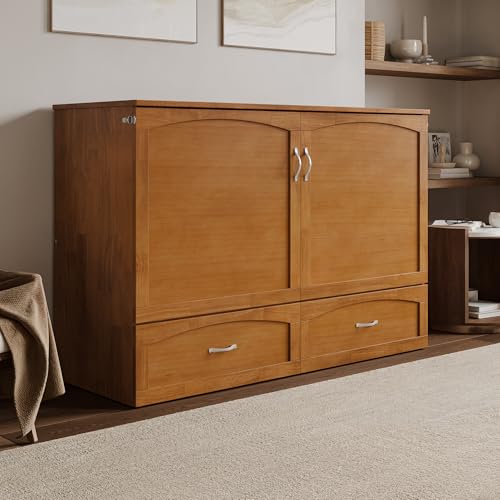 AFI, Marion Queen Wood Murphy Bed Chest with 6" Mattress, Storage Drawer, & Built-in Charger, Light Toffee AFI