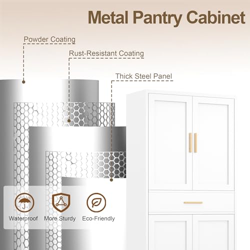 TaskStorz 71" Tall Kitchen Pantry Cabinet, Metal Kitchen Pantry Storage Cabinet with Drawer and 2 Adjustable Shelves, Freestanding Pantry Cupboard for Living, Dining Room, White TaskStorz