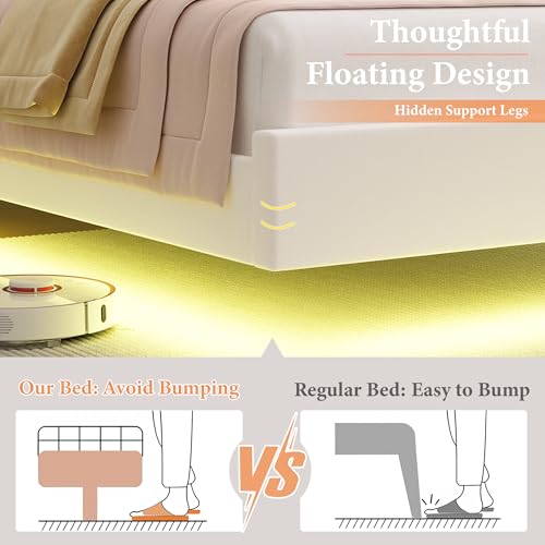 HIFIT Upholstered Twin LED Bed Frame with Charging Station and Adjustable Crystal Button-Tufted Puffs Headboard, Velvet Princess Floating Platform Bed Frames for Girls/Kids, No Box Spring Needed,Beige HIFIT