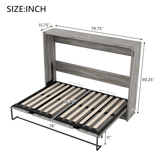 RuiSiSi Modern Metal Horizontal Murphy Bed, Full Size Lift Up Murphy Bed Cabinet, Hidden Wall Bed Foldable Horizontal Murphy Bed for Guest Room, Space Saving, Gray RuiSiSi