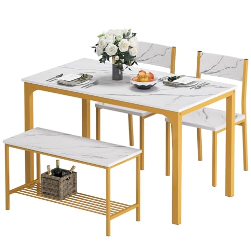 soges 4 Person Dining Table Set,43.3 inch Kitchen Table Set for 4,2 Chairs with Backrest,2-Person Bench with Storage Rack,Nesting Furniture Set for Dining Room and Restaurant, White Gold soges