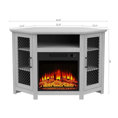 Fireplace TV Stand for TVs up to 55 Inch, 45" Corner Electric Fireplace TV Stand Farmhouse Media Console with 18" Electric Fireplace & Mesh Barn Doors, 1400W Heater with Remote Control & Timer, Grey Parrot Uncle