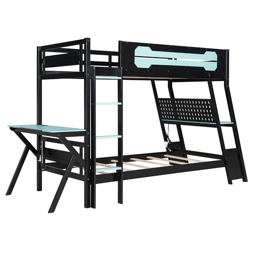 SOFTSEA Gaming Bunk Bed with Desk, Storage, Pegboard & Charging Station, Twin Over Twin Wood Bunk Bed with 2 Desks for Kids Teens & Adults, Space Saving, Black & Blue SOFTSEA