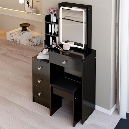 Montary 29.2" Small Size Vanity Desk Set with Plush Cushioned Stool - Sliding Mirror with Adjustable LED Light, Drawers, Multi-Layer & Hidden Storage,Practical & Stylish, Black Montary