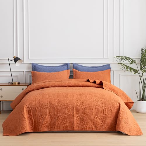 SheRest Full Quilt Bedding Set - Soft Breathable Bed Quilts, Modern Style Embossed Bedspreads, Lightweight Microfiber Coverlet for All Seasons, Burnt Orange, 3 Pieces (1 Quilt,2 Pillow Shams) SheRest