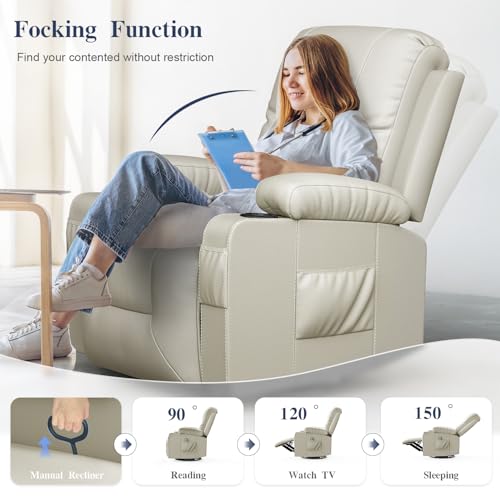 FURNIMAT Recliner Chairs for Adults, Massage Rocker with Heated Modern Ergonomic Lounge 360 Degree Swivel Single Sofa Seat Living Room Lounge Recliners Ivory White