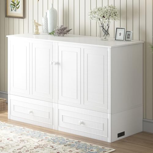 BALUS 63.4" W Queen Size Murphy Bed Cabinet with Tri-Folding Mattress and Storage Drawers, Modern Adults Chest Cube Cabinet Bed with Built-in USB Charging Station for Living Bedroom Apartment, White BALUS