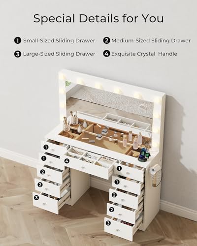 Otterease White Makeup Vanity, 11 Drawers Vanity with Mirror and 12 LED Lights, Makeup Vanity Desk with 3 Lighting Modes Adjustable Brightness, Vanity with Glass Top for Bedroom Otterease