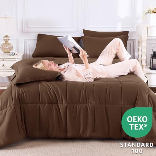 CozyLux Queen Comforter Set Brown - 7 Pieces Bed in a Bag Queen, All Season Breathable Bedding Sets, Oeko-Tex Certified Bed Set with Down Alternative Comforter, Sheets, Pillowcases & Pillow Shams CozyLux