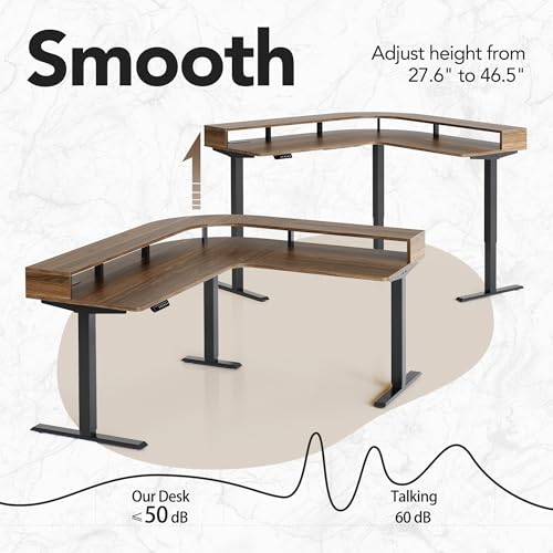 HUANUO Electric L Shaped Standing Desk with File Cabinet, 63" x 55" 2-Tier Height Adjustable Sit Stand up Desk with LED Strip, Power Outrlets & Cable Management Tray, Corner Computer Table, Walnut HUANUO