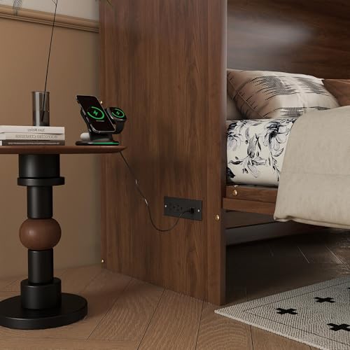 KEIKI Queen Size Murphy Bed Cabinet with Power Station & Large Drawer, Pine Wood Folding Chest Bed with Rattan Panel, Space-Saving Wall Bed, Walnut KEIKI