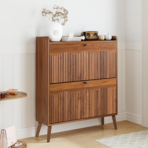 Bifins Shoe Storage Cabinet with 2 Flip Doors, 31.5" Narrow Fluted Design for Space Saving, Freestanding Entryway Shoe Organizer for Hallway & Living Room (Walnut) Bifins