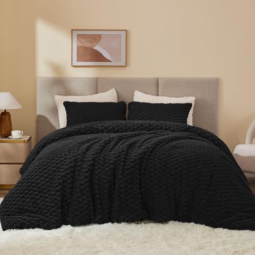 BEDELITE Fluffy Queen Comforter Set - Black Fleece Soft Comforter for Queen Size Bed, Luxury Warm Bedding Set for Winter, Fuzzy Bed Set 3 Pieces (1 Comforter, 2 Pillowcases) BEDELITE